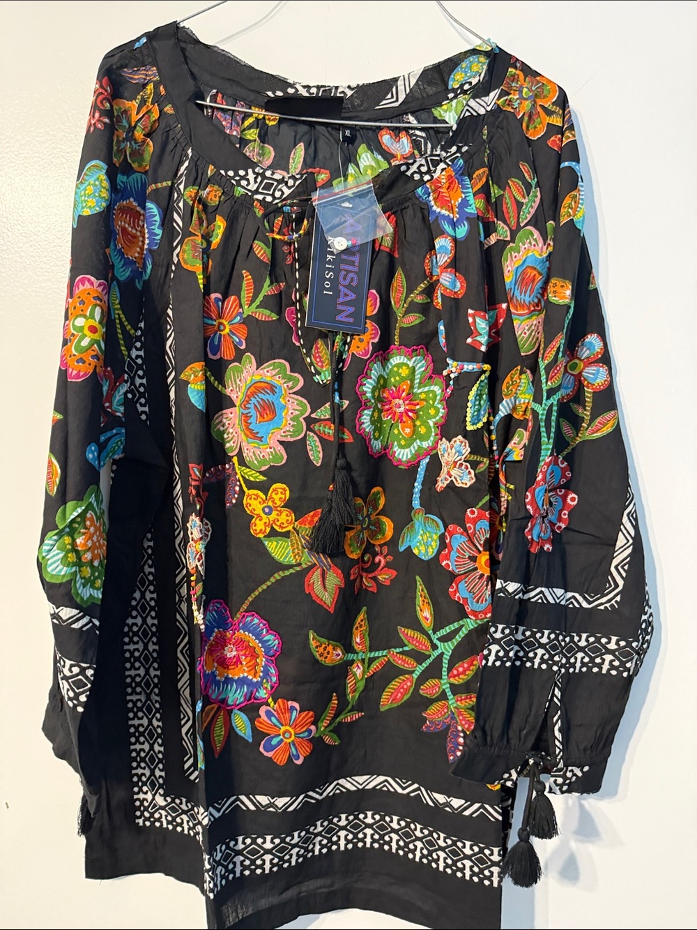 KikiSol XL Black Floral Embroidered Peasant Tunic